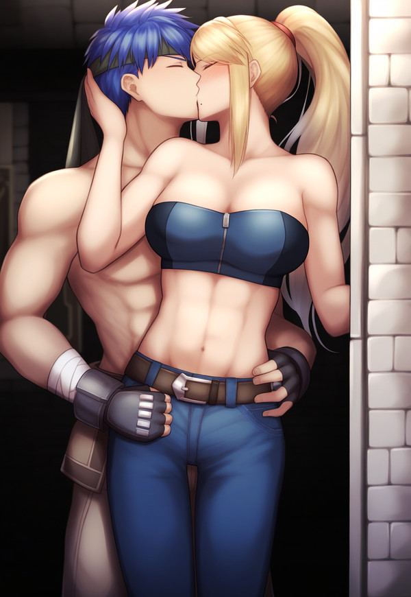 ai_generated beauty_mark big_breasts blonde_hair blue_hair cleavage closed_eyes crossover fire_emblem fire_emblem:_path_of_radiance fire_emblem:_radiant_dawn ike_(fire_emblem) kissing large_breasts metroid mole muscles muscular_female muscular_male nintendo partially_clothed samus_aran straight super_smash_bros.