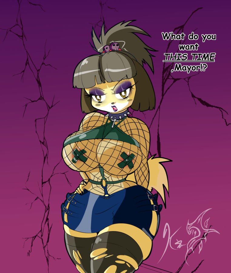 animal_crossing black_lipstick goth isabelle_(animal_crossing) kei-waza makeup self_upload taped_nipples torn_thighhighs