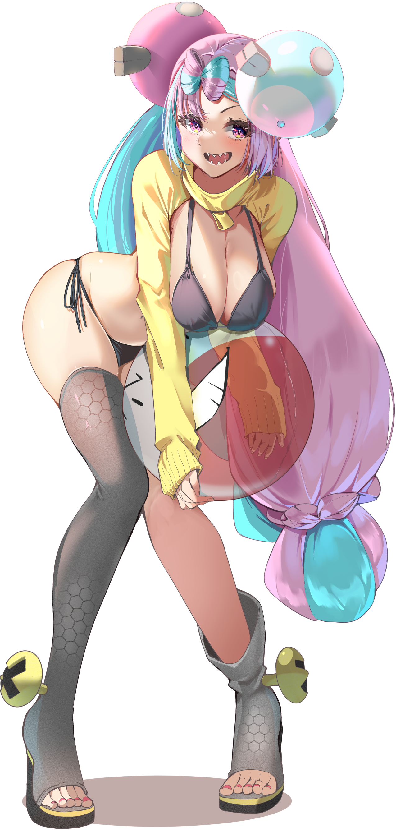 1girls, absurdres, ball, beachball, big breasts, bikini, black bikini, blue hair, blush, bow-shaped hair, breasts, character hair ornament, cleavage, female, hair ornament, hexagon print, high heel sandals, high heels, highres, holding, holding ball, holding beachball, iono (pokemon), jacket, long hair, long sleeves, looking at viewer, momdy (talesshinja), multicolored hair, nintendo, open mouth, open toe footwear, open toe heels, open toe shoes, pink eyes, pink hair, pokemon, pokemon sv, sandals, sharp teeth, shrug (clothing), single thighhigh, sleeves past wrists, smile, solo, stomach, swimsuit, teeth, thighhighs, two-tone hair, yellow shrug
