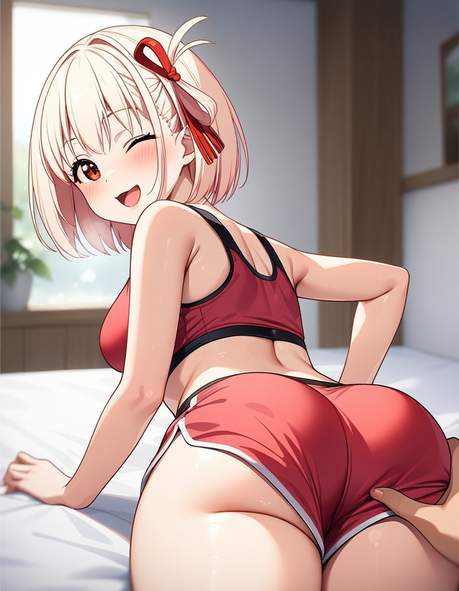 ai_generated ass ass_focus ass_grab bed blonde_hair dolphin_shorts fullytagged gym_uniform kslgsnb lycoris_recoil lying_on_bed lying_on_stomach nishikigi_chisato open_mouth pov short_hair shorts sports_bra sportswear thigh_grab thighs wink yodayo