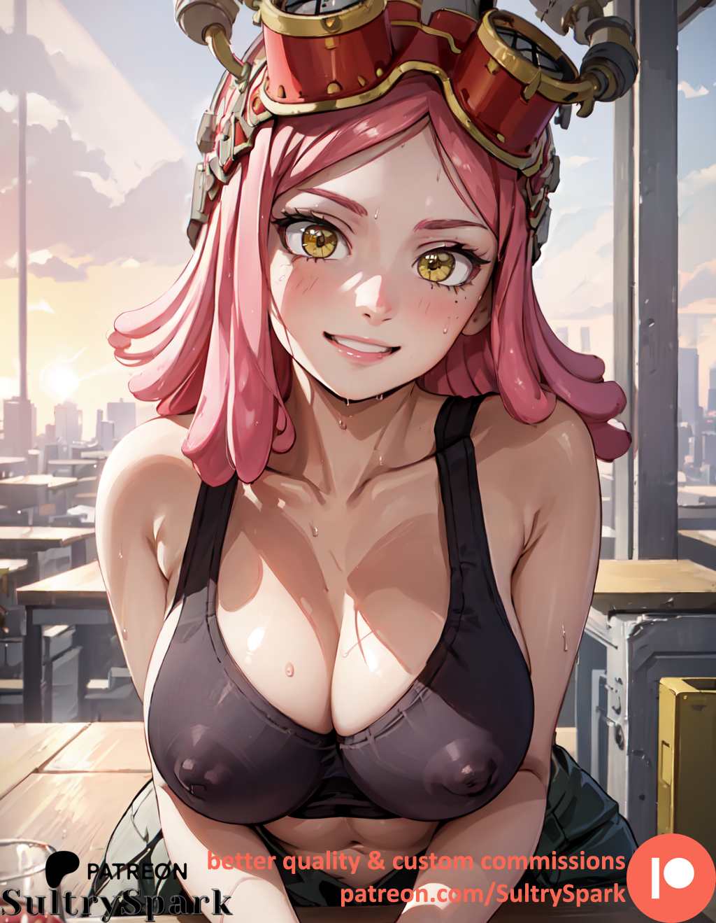 1girls ai_generated artist_name bending bending_forward bending_over boku_no_hero_academia breasts commission female female_only hatsume_mei large_breasts looking_at_viewer mei_hatsume my_hero_academia patreon patreon_username pink_hair solo sultryspark