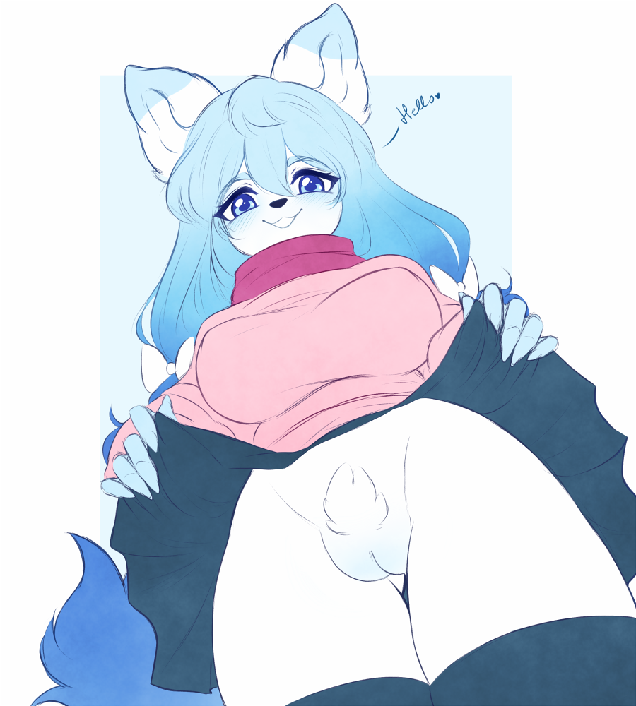 anthro ava_(disambiguation) blue_body blue_eyes blue_hair blush bottomwear breasts canid canine clothed clothing clothing_lift female fox fur genitals hair inosagi legwear looking_at_viewer mammal presenting presenting_pussy pussy pussy_tuft scarf skirt skirt_lift solo sweater topwear white_body white_fur