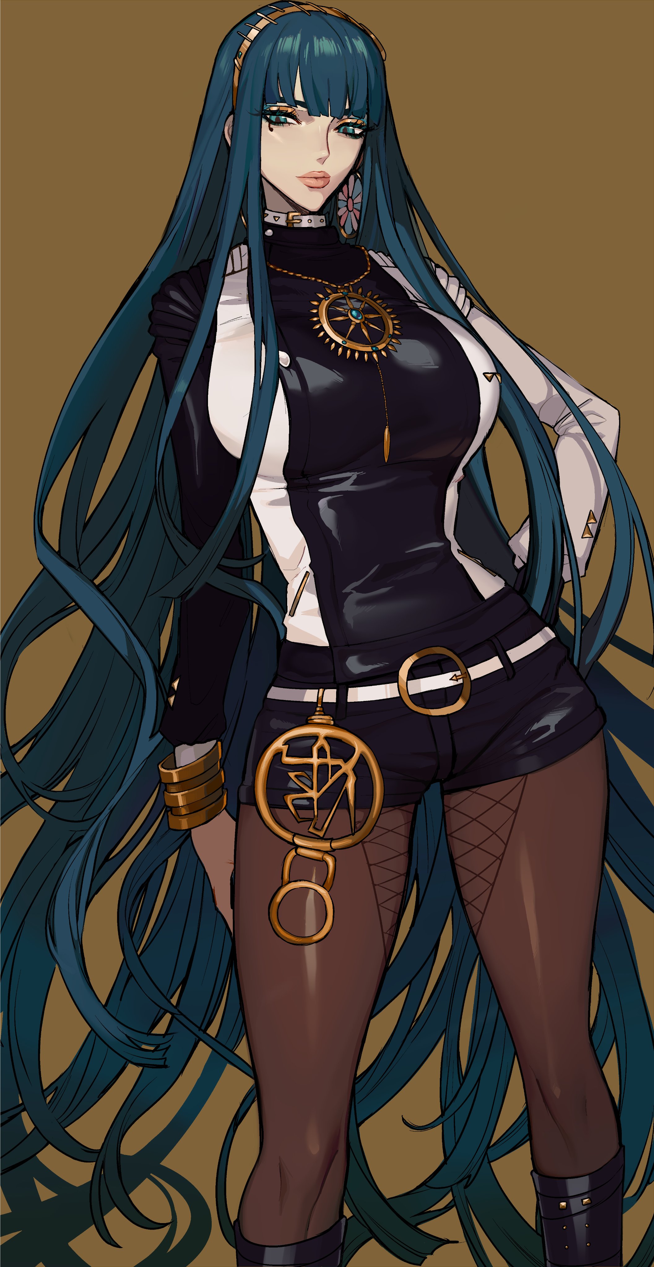 1girls, absurdres, bangs, blue eyes, blue hair, blunt bangs, bracelet, cleopatra (fate), collar, earrings, ennuigrl, fate (series), fate/grand order, female, female only, hairband, jewelry, makeup, necklace, pantyhose, simple background, solo, very long hair