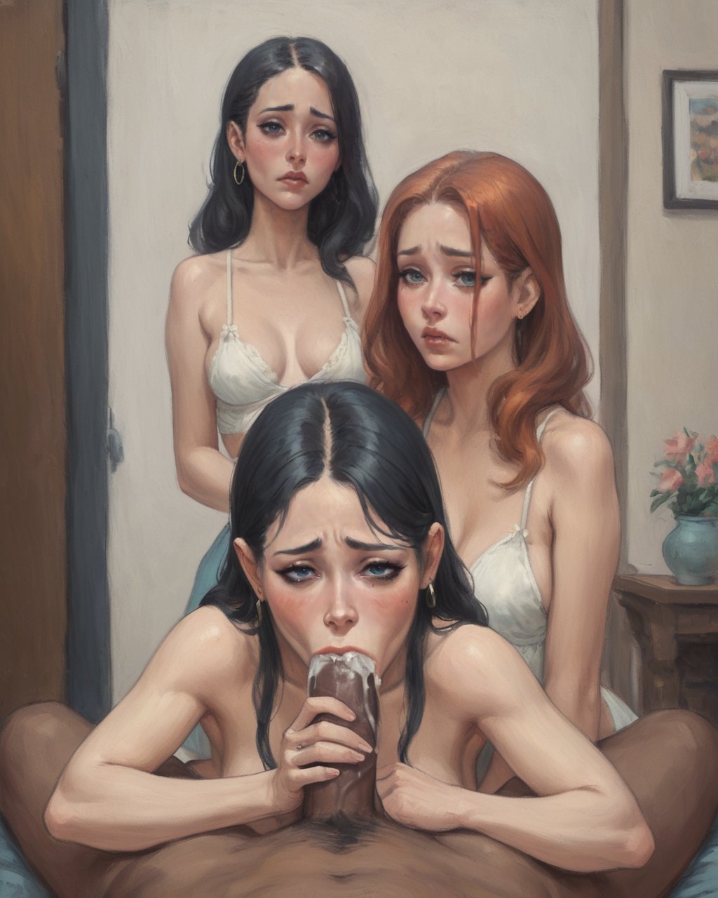 1boy, 3girls, ai generated, big penis, cum, cum in mouth, dark skin, dark-skinned male, fellatio, female, interracial, looking at viewer, male, multiple females, multiple girls, penis, penis in mouth, pov, red hair, taprincesserose, unhappy, unhappy female