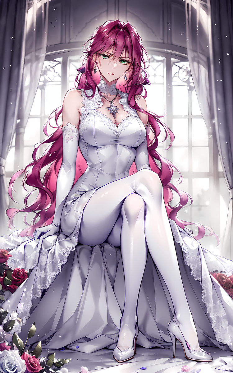ai_generated big_breasts cleavage crossed_legs dress earrings female flower green_eyes high_heels indoors long_hair necklace penelope_eckhart red_hair sitting villains_are_destined_to_die wavy_hair white_dress white_stockings