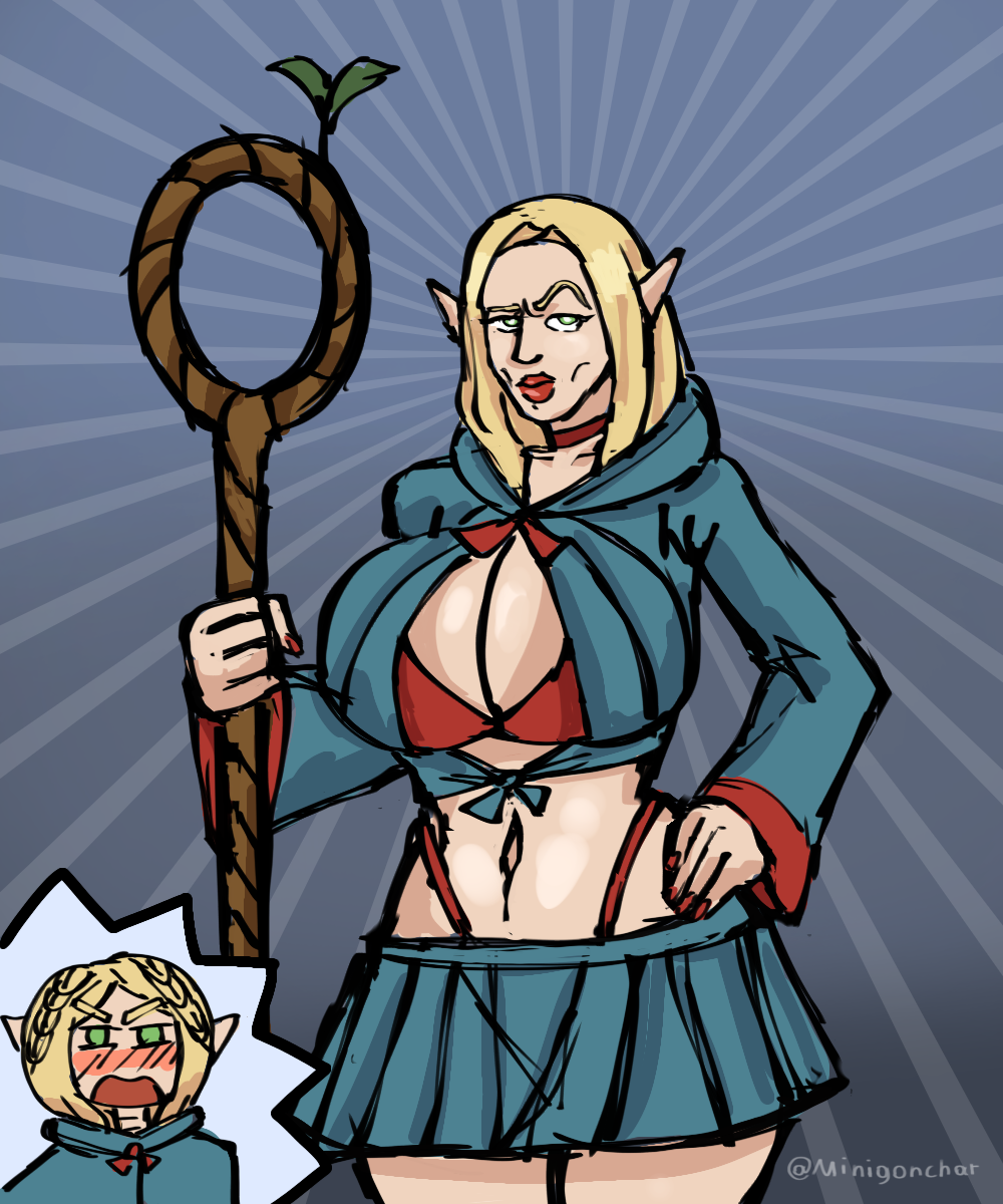 1girls anime anime_style blonde_hair blue_background bra canonical_scene cheekbones delicious_in_dungeon dungeon_meshi elf elf_ears elf_female green_eyes huge_ass huge_breasts marcille_donato milf minigonchar red_bra red_lipstick shocked skirt skirt_lift staff string_panties wizard