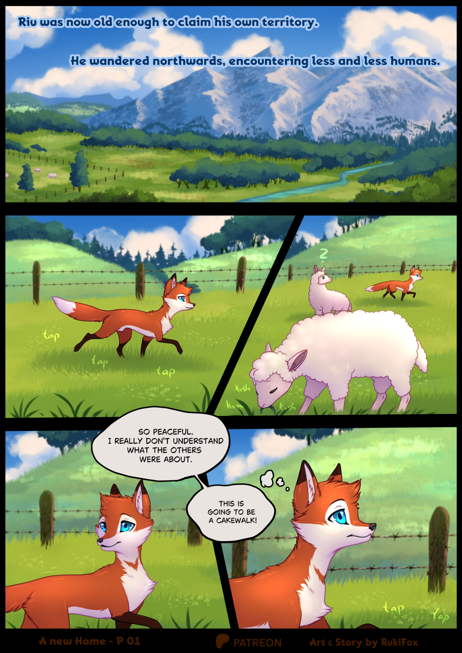 animal_genitalia blue_eyes bovid canid canine caprine english_text farm fox fully_sheathed fur genitals grass hi_res male mammal mountain orange_body orange_fur outside plant riu_(rukifox) rukifox sheath sheep text tree walking