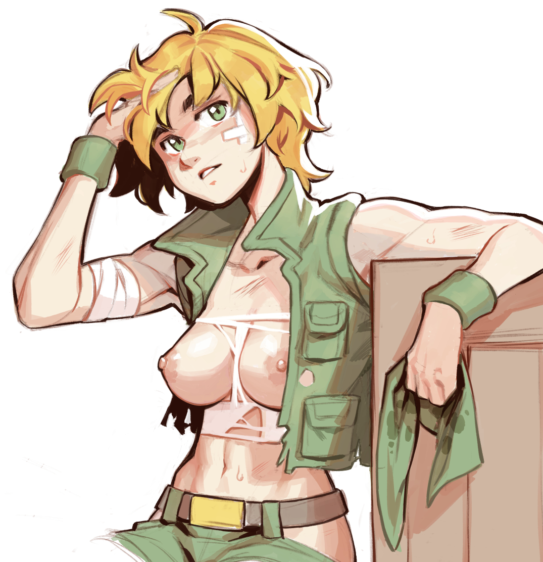 1girls, bandage, blonde hair, effyneprin, eri kasamoto, female, female only, fit, fit female, green eyes, light skin, light-skinned female, looking at viewer, metal slug, sineprin, solo, sweat, tomboy, torn clothes