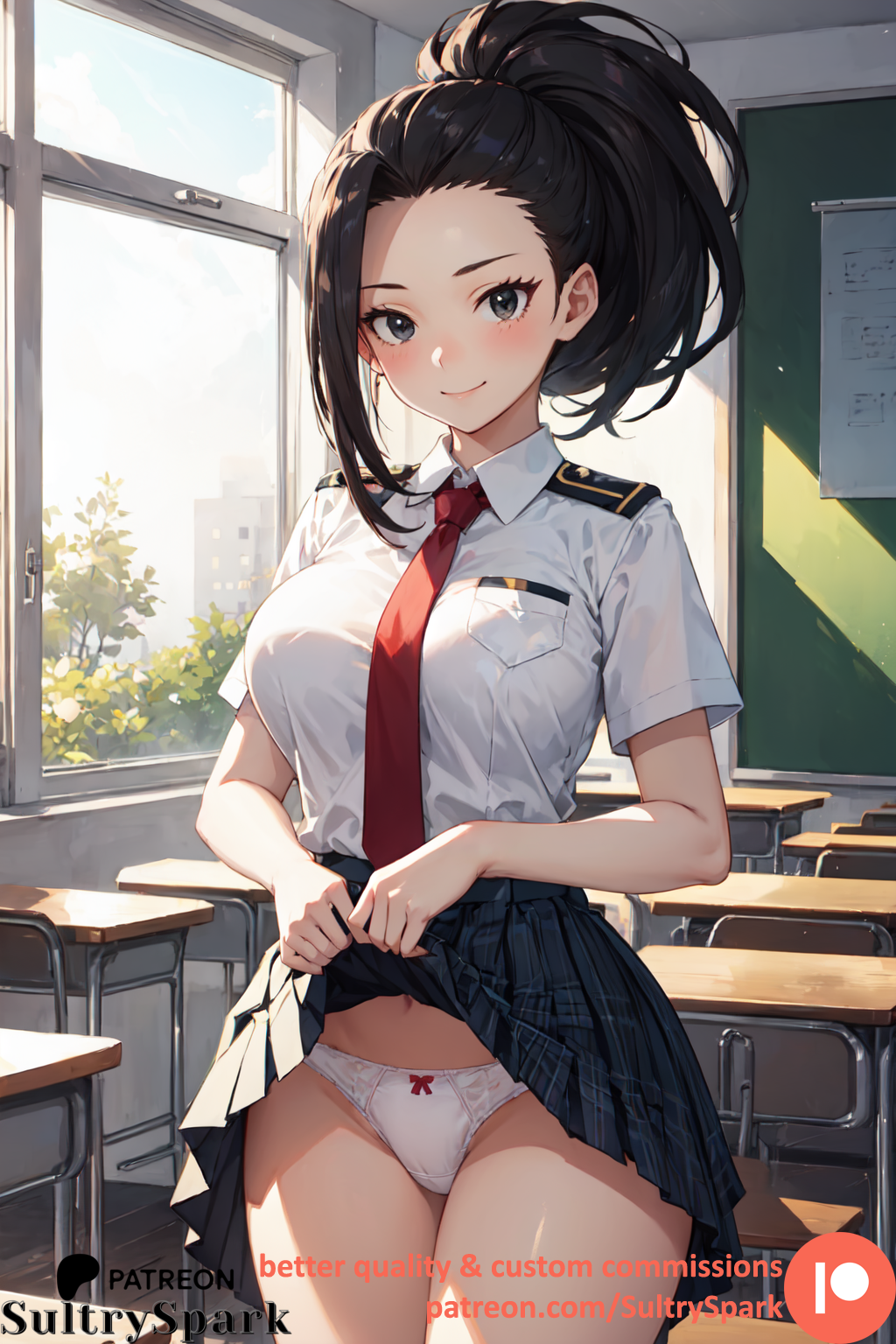 1girls ai_generated artist_name boku_no_hero_academia commission female female female_only momo_yaoyorozu my_hero_academia panties patreon patreon_username school school_uniform schoolgirl skirt skirt_lift solo solo_female sultryspark u.a._school_uniform white_panties