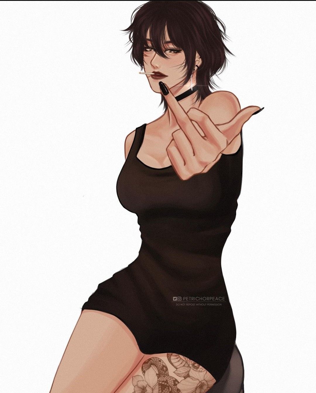 1girls asian attack_on_titan black_eyes black_hair black_lipstick eyeshadow female female_only fully_clothed goth goth_mikasa looking_at_viewer middle_finger mikasa_ackerman petite petrichorpeace red_lipstick shingeki_no_kyojin short_hair solo