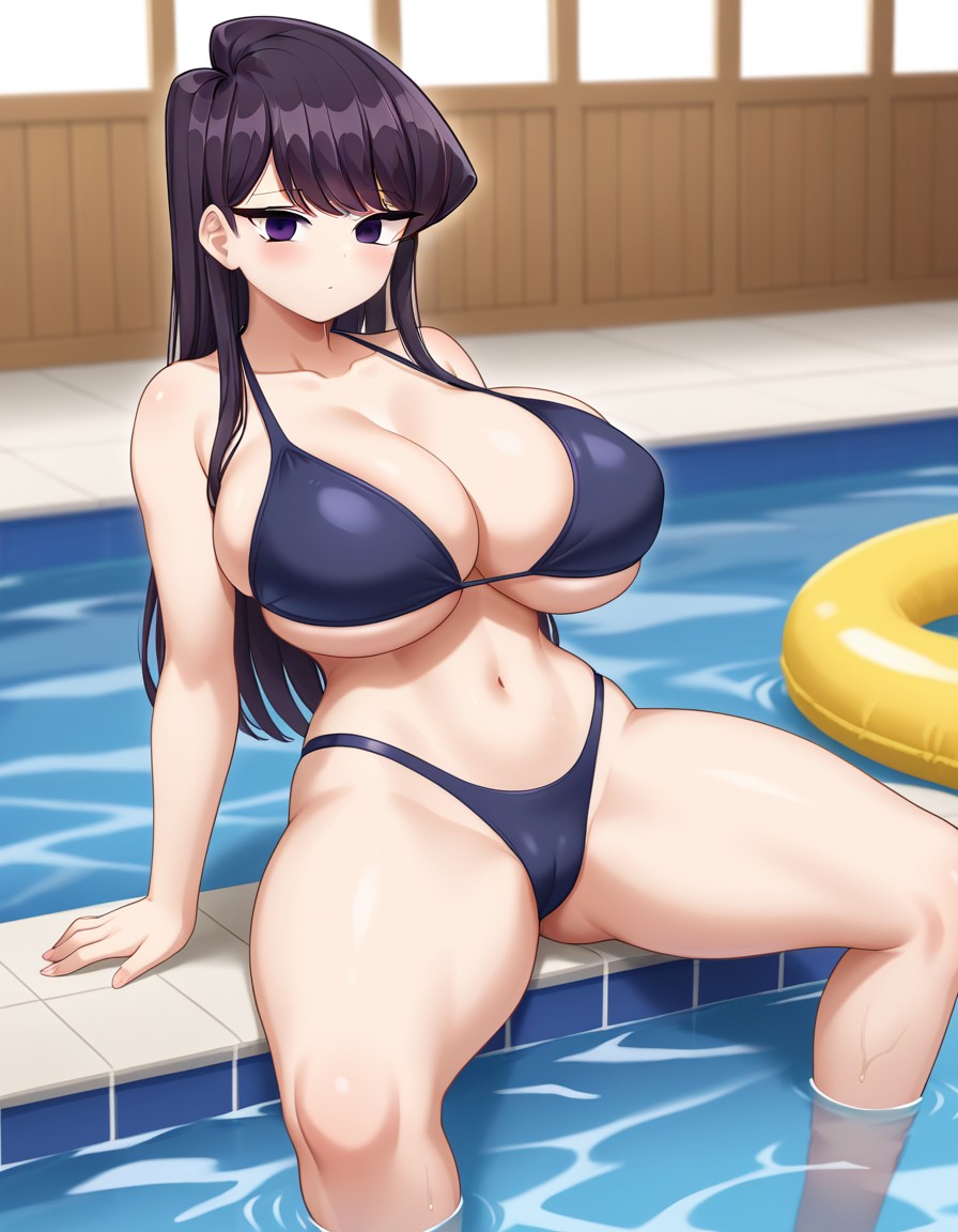 ai generated, breasts, female, huge breasts, komi shouko, komi-san wa komyushou desu, large breasts, pool
