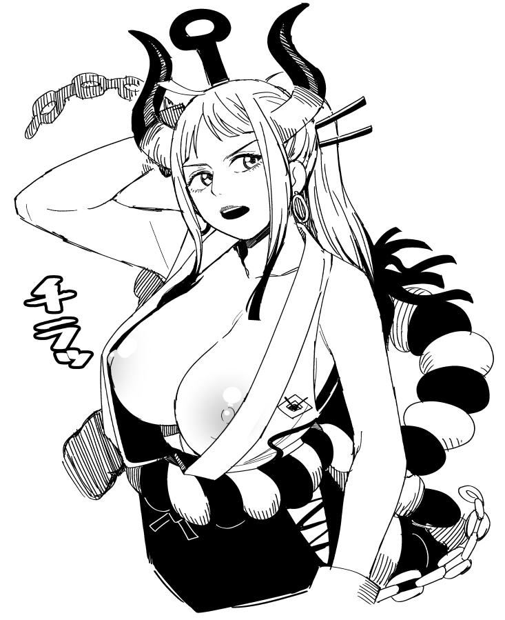 big_breasts breasts breasts_out female female_only horns japanese_clothes kanabou long_hair looking_to_the_side looking_up monochrome no_bra one_piece oni oni_female open_clothes open_mouth tesu two_tone_hair yamato_(one_piece) youkai