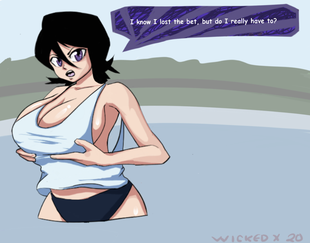 alternate_breast_size big_breasts bleach female huge_breasts kuchiki_rukia no_bra text text_bubble wickedx