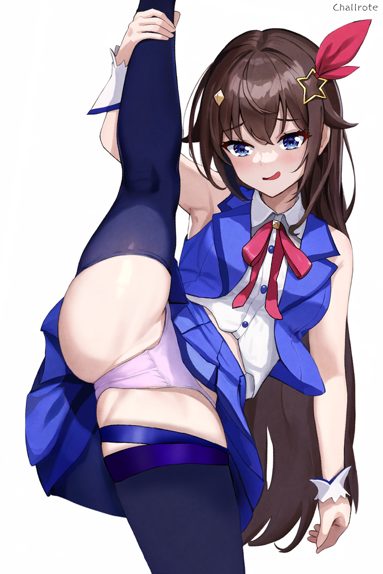 ai_generated armpits blue_eyes blue_skirt blue_thighhighs blue_vest bow bowtie breasts brown_hair challrote collared_shirt cropped_shirt cropped_vest detached_sleeves diamond_hair_ornament female hair_between_eyes hair_flaps hair_ornament hairclip hololive kneepits leg_ribbon long_hair looking_at_viewer medium_breasts open_mouth panties pink_bow pink_bowtie pink_panties purple_eyes ribbon shirt simple_background skirt sleeveless smile split standing standing_on_one_leg standing_split star_(symbol) star_hair_ornament thigh_ribbon thighhighs tokino_sora tokino_sora_(1st_costume) tongue tongue_out underwear vest virtual_youtuber white_background white_shirt