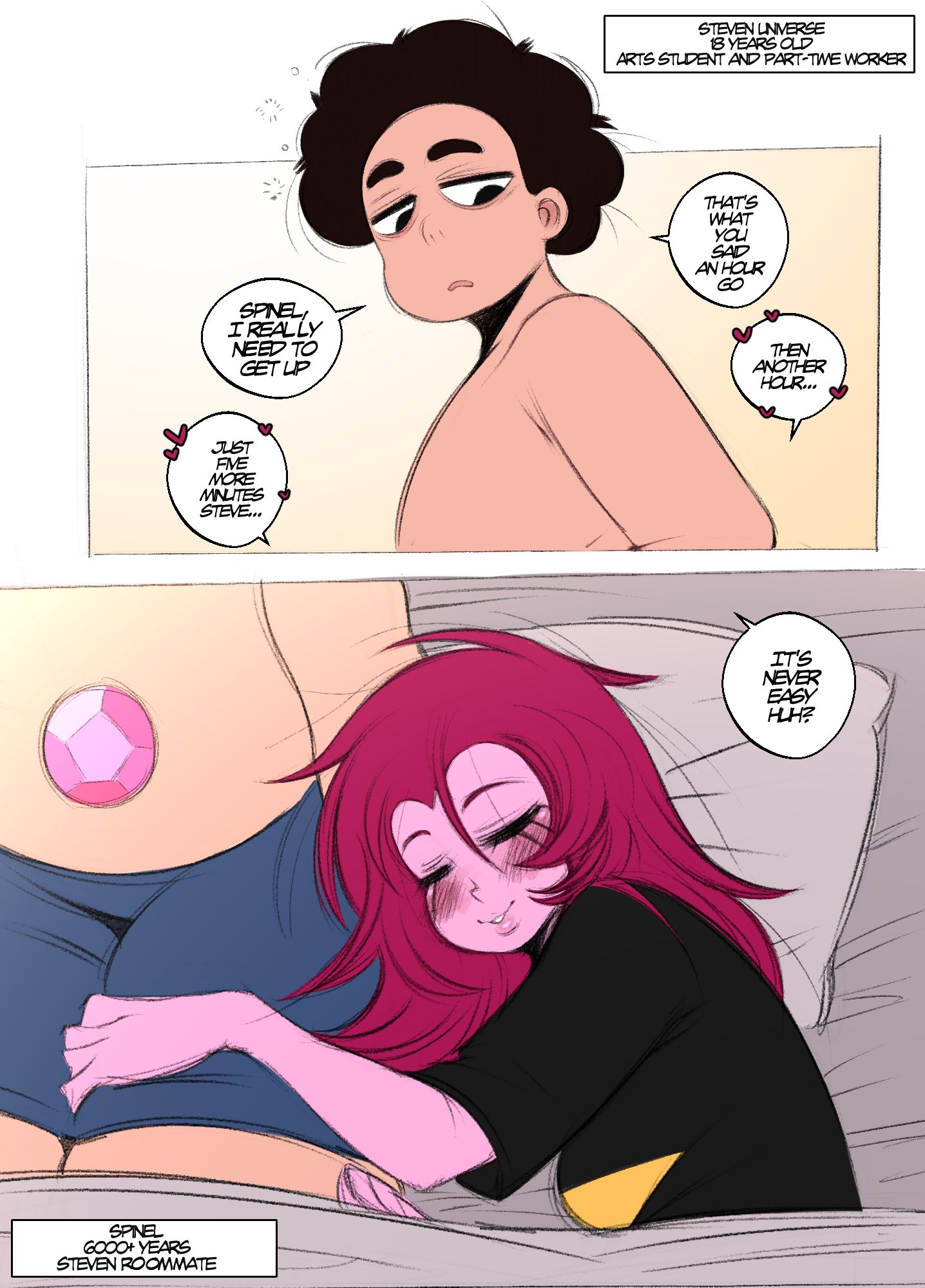 1girls, black hair, blush, cartoon network, closed eyes, color, dialogue, english text, female, gem (species), hi res, long hair, male, on bed, pink skin, red hair, saltyxodium, speech bubble, spinel (steven universe), steven quartz universe, steven universe, tagme, wholesome