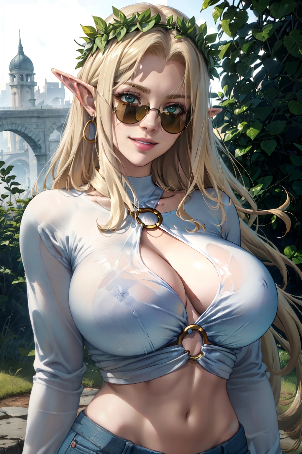 2d (artwork), ai generated, anime, anime style, belly button, big breasts, blonde hair, blue eyes, breasts, brown-tinted eyewear, celestine lucross, clavicle, cleavage, close-up, collarbone, detailed, ears up, elf, female, female focus, female only, focus, from front position, hair, horny female, hourglass figure, jeans, kuroinu ~kedakaki seijo wa hakudaku ni somaru~, large breasts, light body, light skin, light-skinned female, lighting, lips, lipstick, long hair, long sleeves, looking at viewer, looking over eyewear, looking over glasses, looking over sunglasses, midriff, navel, portrait, round breasts, round glasses, seducing, seduction, seductive, seductive body, seductive eyes, seductive look, seductive smile, shirt, simple background, sky4maleja, smile, straight hair, sunglasses, tinted eyewear, upper body, waist, wet clothes