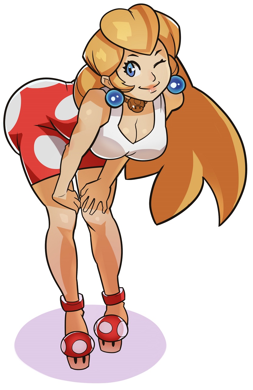 1girls, alternate breast size, bending over, bent over, blonde hair, blue earrings, blue eyes, breasts, cleavage, clothed, clothes, clothing, colored, dress, earrings, eyebrows, eyelashes, female, female only, full body, hair, high heels, human, human only, leaning forward, lipstick, long hair, looking at viewer, makeup, mario (series), mushroom, necklace, nintendo, one eye closed, pale skin, pink lipstick, princess, princess peach, red shoes, royal, royalty, shadow, shoes, short skirt, simple background, skirt, smile, solo, splashbrush, standing, thick thighs, very long hair, white background, wide hips, wink