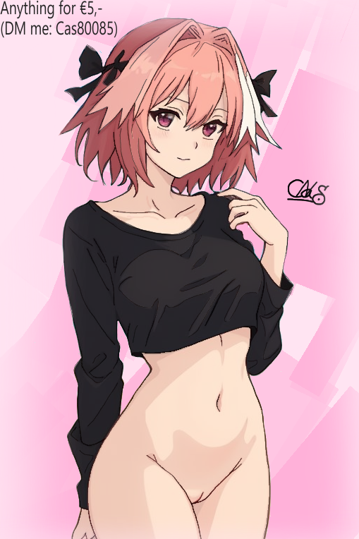 1girls astolfo_(fate) black_hair_ornament black_hair_ribbon bottomless breasts casn collarbone commission crop_top cropped_shirt fate/grand_order fate_(series) female genderswap_(mtf) long_sleeve_shirt long_sleeves looking_at_viewer no_futa pink_eyes pink_hair pussy rule_63 self_upload signature simple_background simple_coloring simple_eyes simple_shading slim slim_waist small_boobs small_breasts small_tits solo vagina