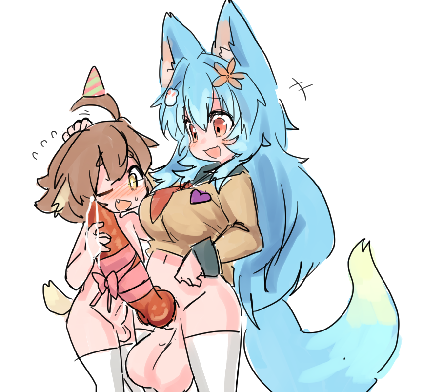 1boy 1futa animal_ears animal_genitalia balls blue_hair blush bottomless bottomless_futanari bottomless_male breasts canine_penis chaiko_(artist) chaiko_(chaikodog) clothed clothing commission commissioner_upload cum_drip duo erection femboy full-package_futanari futa_is_bigger futanari hanmu0w0 head_pat huge_cock huge_testicles humanoid humanoid_penis kemonomimi knot light-skinned_futanari light-skinned_male light_skin long_hair male partially_clothed penis penis_size_difference standing white_legwear