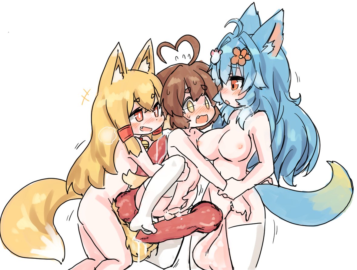 1boy 2futas ahoge animal_ears animal_genitalia arm_grab balls blush breasts canine_penis chaiko_(artist) chaiko_(chaikodog) duo erection forced fox_girl fox_tail from_side full-package_futanari futa_is_bigger futa_on_male futanari hanmu0w0 heart_ahoge huge_breasts huge_cock huge_testicles human humanoid incoming_sex kemonomimi knot light-skinned_futanari light-skinned_male light_skin male nude penis penis_size_difference standing steamy_breath tail white_legwear