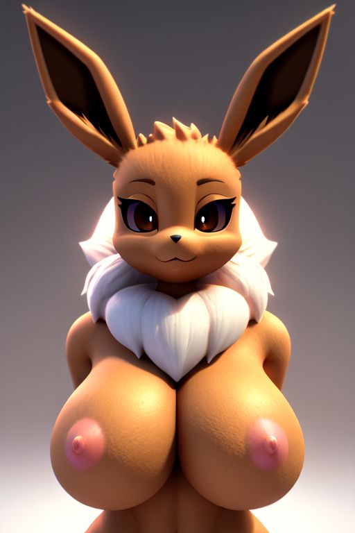 3d :3 ai ai_generated anthro anthro_only breasts brown_eyes brown_fur eevee eevee_ears fur furry furry_female furry_only game_freak grey_background looking_at_viewer nintendo nipples pokemon