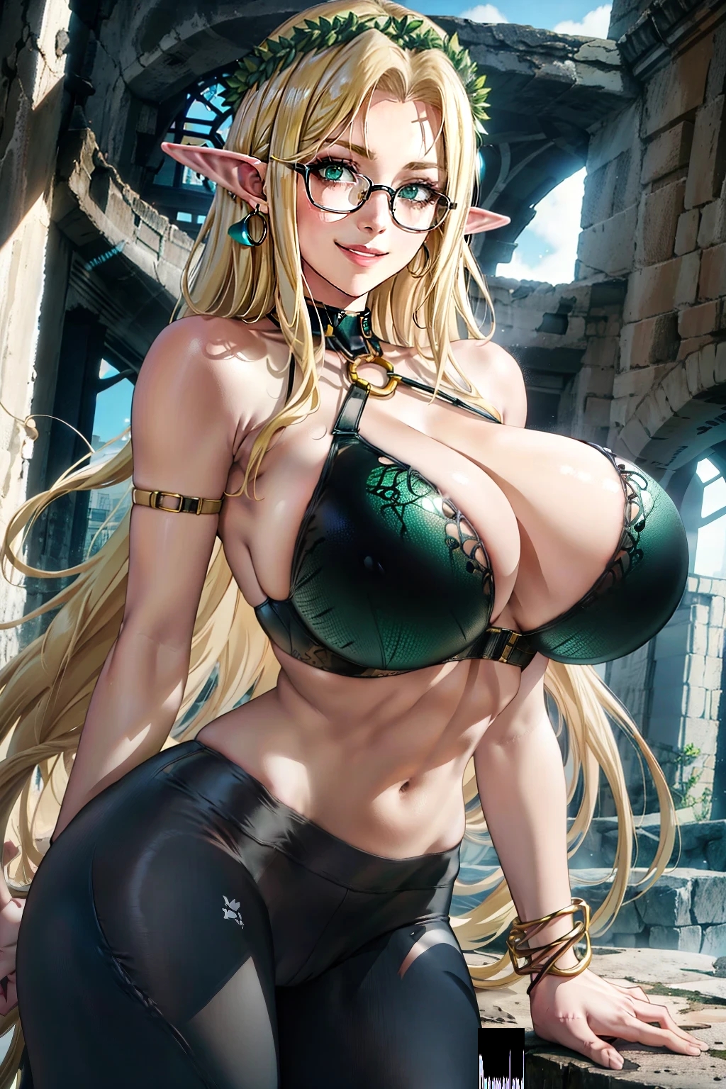 abdomen abdominals ai_generated anime anime_style arms_behind_back ass bare_shoulders belly_button big_breasts blonde_hair bra bracelet breast_rest breasts breasts breasts breasts_bigger_than_head celestine_lucross choker cleavage cowboy_shot day daylight daytime detailed earrings elf elf_ear elf_ears elf_female elf_girl female female_focus female_only from_front_position glasses glasses_on_face glasses_only green_eyes hair_between_eyes hands-free high_resolution highres hourglass_figure huge_breasts kuroinu_~kedakaki_seijo_wa_hakudaku_ni_somaru~ large_breasts leggings light light-skinned light-skinned_female light_body light_skin lighting lingerie lingerie_bra lips lipstick long_hair looking_at_viewer midriff navel neck nose pose posing posing_for_picture posing_for_the_viewer round_breasts seducing seduction seductive seductive_body seductive_look seductive_pose seductive_smile shiny shiny_breasts shiny_clothes shiny_hair shiny_skin simple_background sky4maleja slim_waist straight_hair straps_across_chest teeth thick_ass thick_thighs toned toned_belly toned_female toned_stomach underwear very_long_hair waist watermark