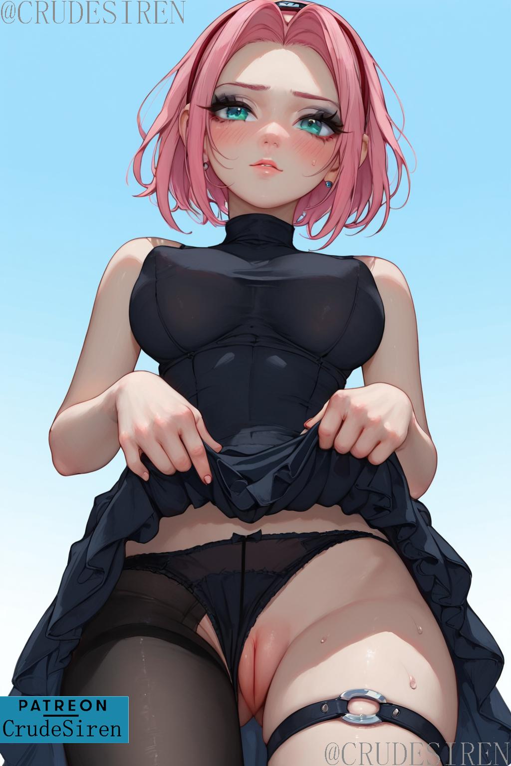 1girls ai_generated ai_generated_background ai_upscaled big_breasts crudesiren female female_only green_eyes human naruto naruto_(series) nipples no_panties pink_hair puffy_nipples pussy sakura_haruno see-through see-through_clothing sideless_outfit solo stockings