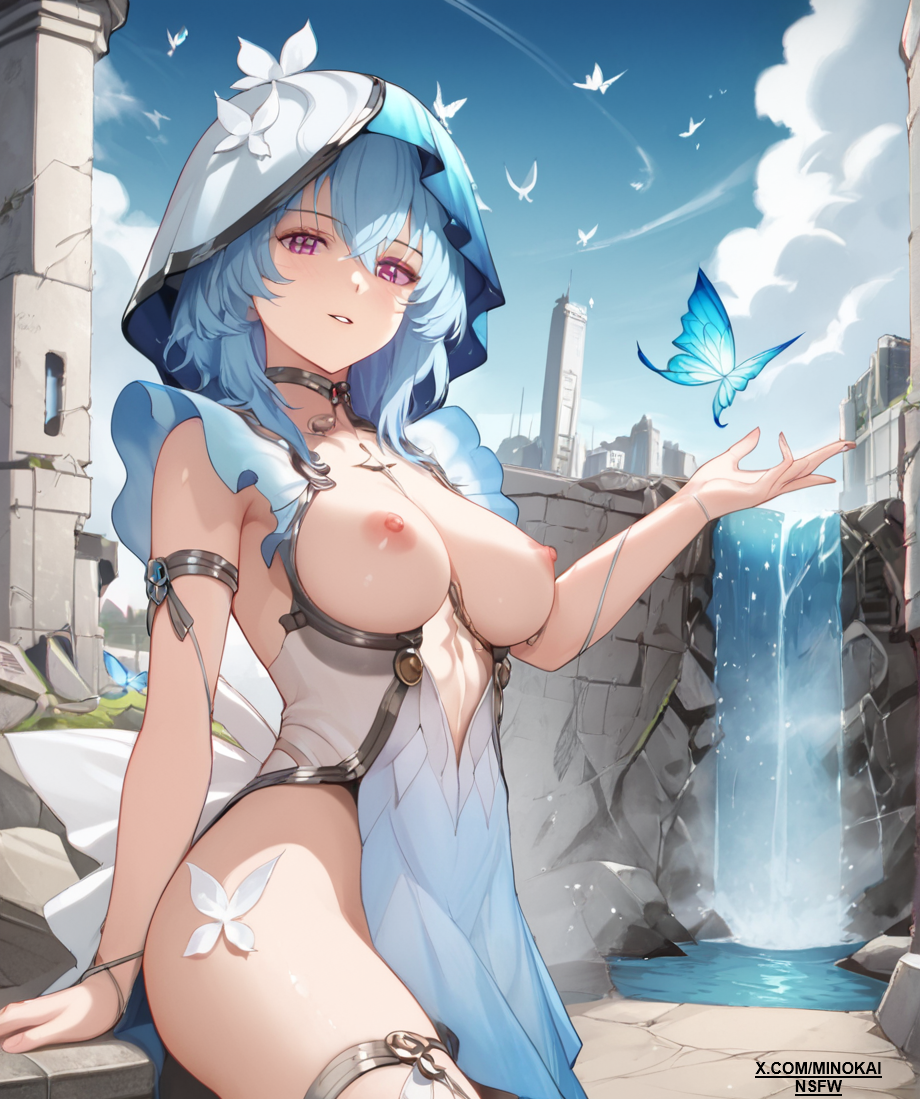 1girl ai_generated big_breasts breasts cleavage dress female hi_res long_hair minokai minokainsfw nipples post_apocalyptic self_upload smile the_shorekeeper_(wuthering_waves) wuthering_waves