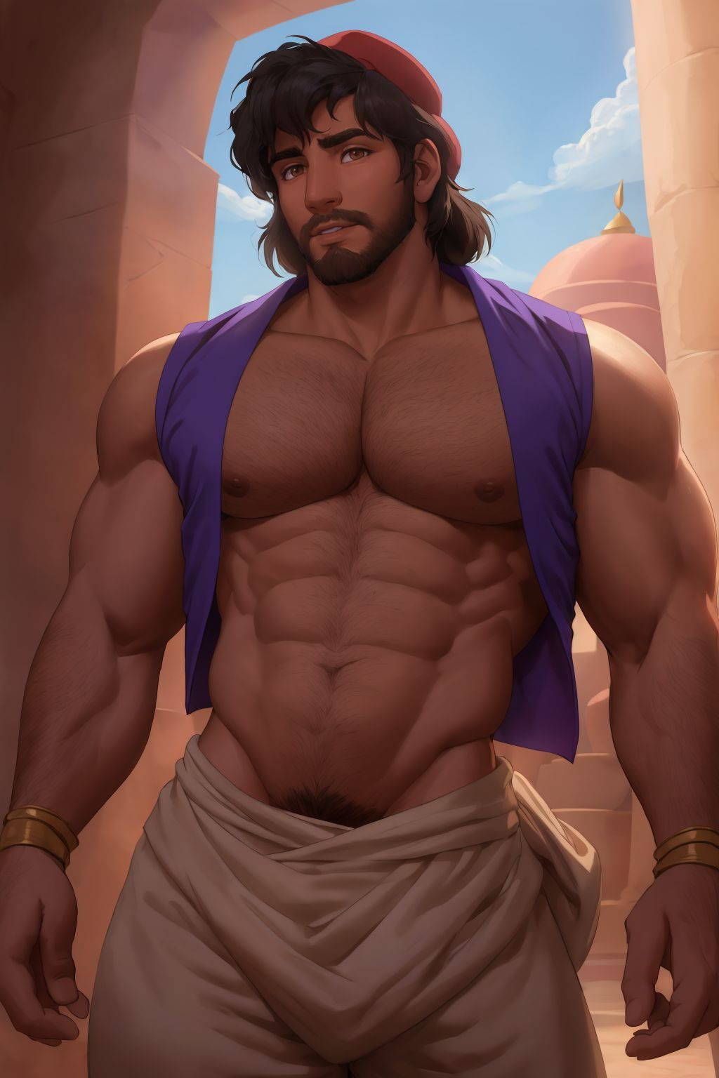 1boy abs ai_generated aladdin aladdin_(character) bara beard beefy body_hair boyfriendai brown_eyes brown_hair clothing daddy disney facial_hair hairy_chest human looking_at_viewer male male_nipples male_only male_pubic_hair manly mature_male muscles muscular_male mustache no_visible_genitalia open_shirt pecs solo