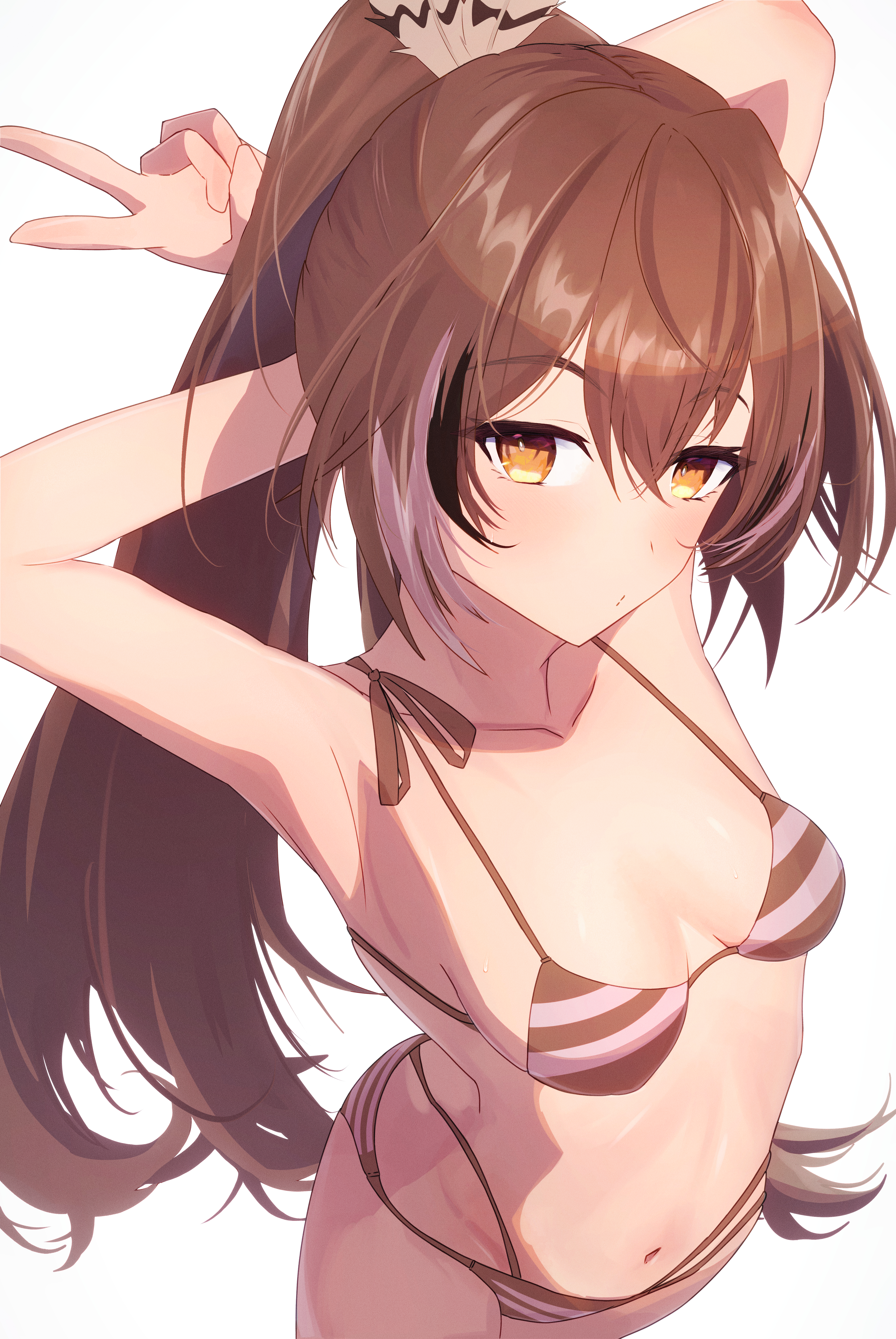 1girls, 2d, armpits, arms up, bare shoulders, belly, belly button, bikini, breasts, brown eyes, brown hair, clothing, digital drawing (artwork), feather in hair, female, female focus, female only, getto (ifphilo), hair, hands behind head, hololive, hololive english, hololive english -council-, hololive english -promise-, legs, light skin, long hair, looking at viewer, nanashi mumei, navel, open eyes, panties, small breasts, solo, standing, stripes, v sign, virtual youtuber