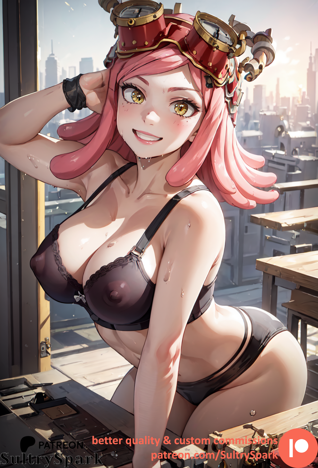 1girls ai_generated artist_name bending bending_forward bending_over boku_no_hero_academia breasts commission female female_only hatsume_mei large_breasts looking_at_viewer mei_hatsume my_hero_academia patreon patreon_username pink_hair solo sultryspark