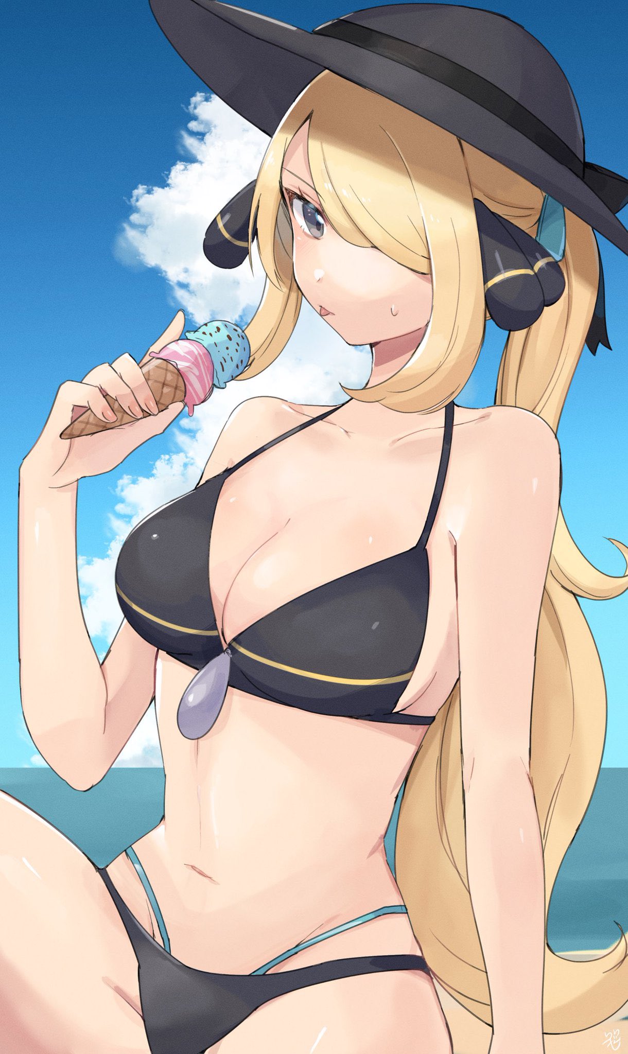 blonde female, breasts, cynthia (pokemon), female, female only, nintendo, outdoors, outside, pokemon, riri mon31, solo, tagme