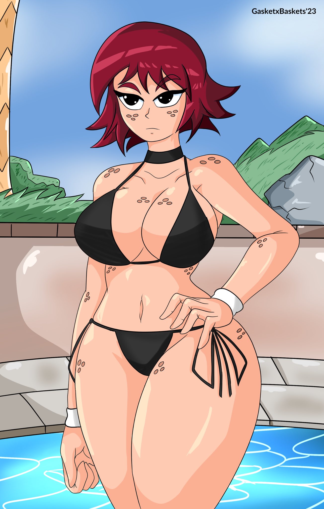 1girls bikini black_bikini black_eyes female freckles freckles_on_arms freckles_on_ass freckles_on_breasts freckles_on_face freckles_on_shoulders freckles_on_stomach freckles_on_thighs gasketxbaskets hand_on_hip kim_pine pool red_hair scott_pilgrim short_hair solo solo_female