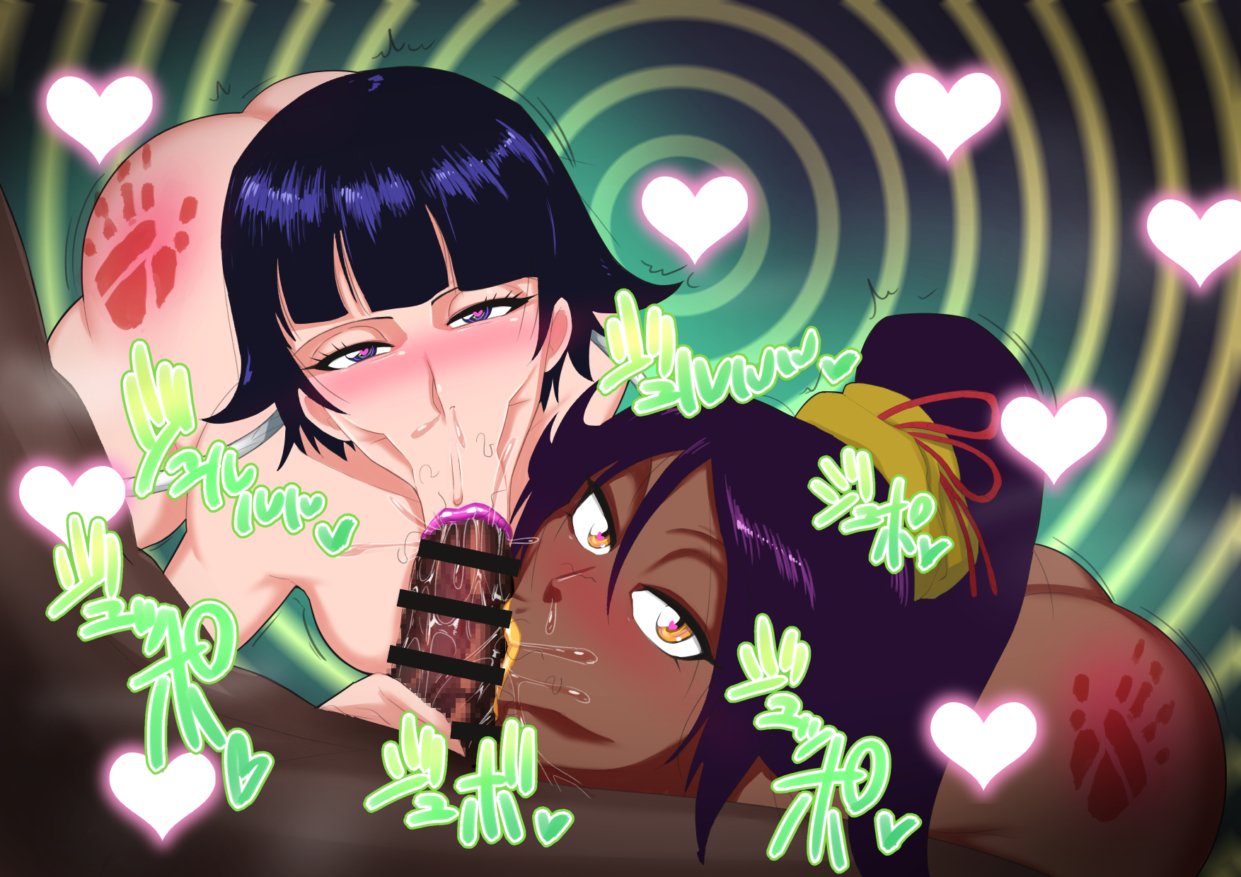 :>=, 1boy, 2girls, ass, bent over, bleach, blowjob, blue eyes, breasts, censored, collaborative fellatio, dark skin, dark-skinned female, dark-skinned male, faceless male, fellatio, female, hand mark, heart-shaped pupils, hetero, interracial, lipstick, looking at viewer, makeup, male, naked, nude, oral, penis, purple hair, shihouin yoruichi, soifon, spank marks, straight, sui-feng, teamwork, tousen kaname, violet hair, yellow eyes, zxcv