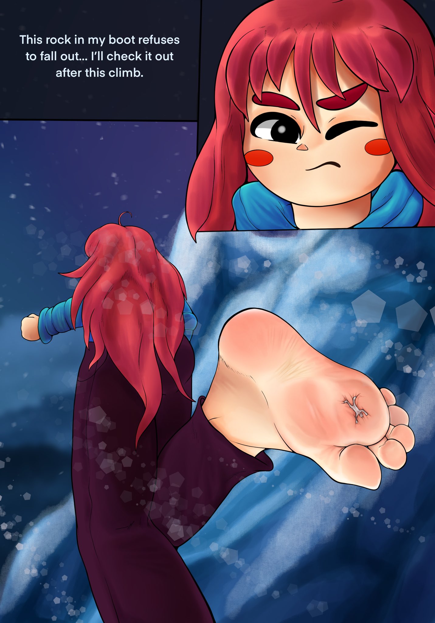 barefoot celeste_(game) foot_focus giant giantess madeline_(celeste) mountain