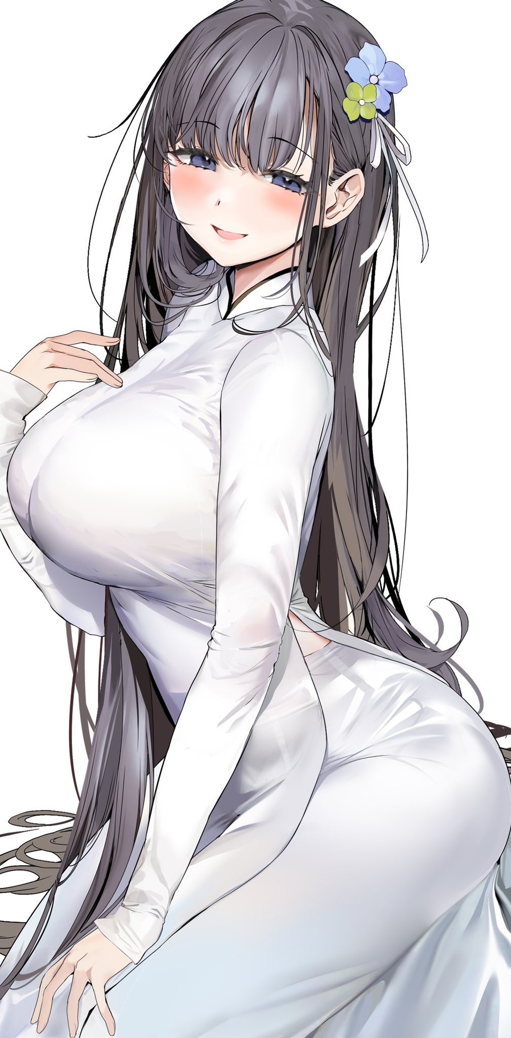 1girls ao_dai black_hair blue_eyes blush breasts clothed clothing eyebrows_visible_through_hair female female_only flowers_in_hair huge_breasts jpeg light-skinned_female light_skin marushin_(denwa0214) original solo white_dress