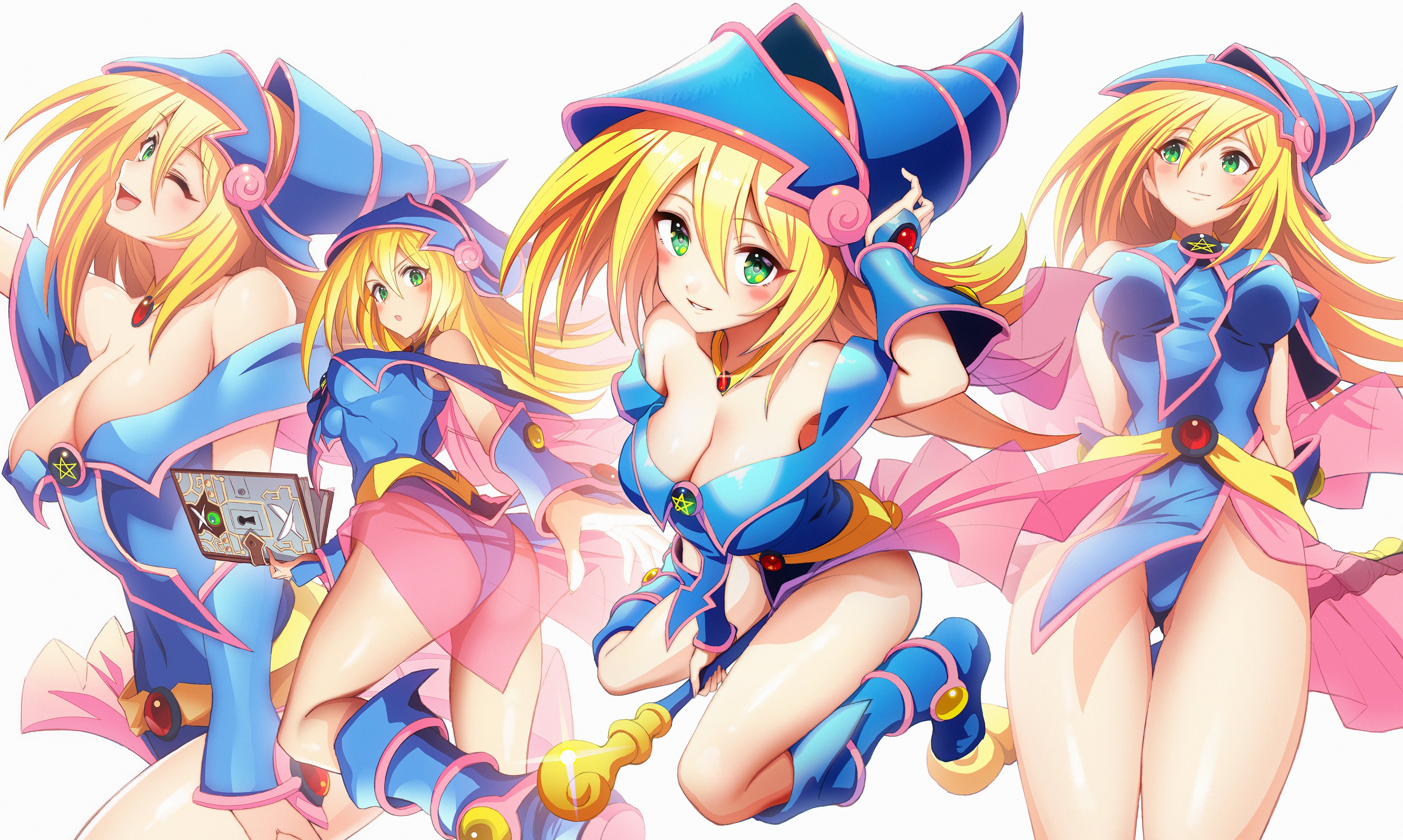 1girls, ass, blonde hair, breasts, cleavage, clothed, clothing, cute, dark magician girl, female, gibagiba, green eyes, looking at viewer, looking away, see-through clothing, solo, tagme, wink, winking, winking at viewer, yu-gi-oh!