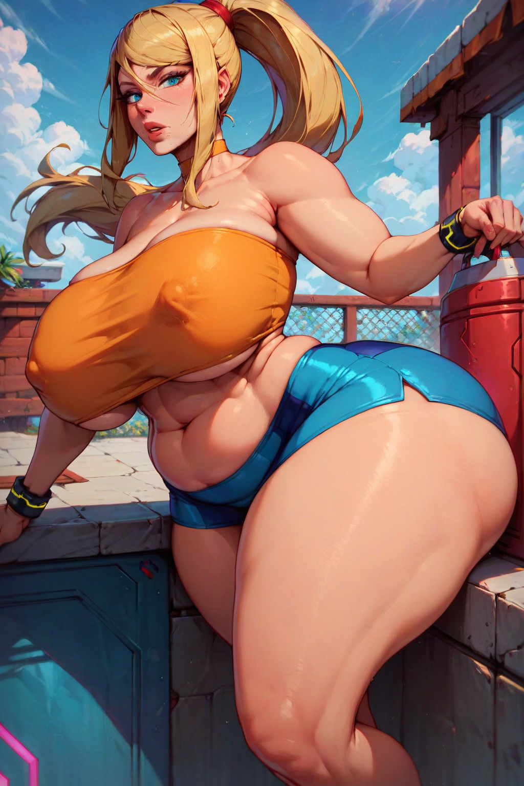 1girls ai_generated ai_hands ass ass_focus back_view big_ass big_butt big_thighs bikini blonde_hair bottom_heavy curvy curvy_female curvy_figure fat_ass female female_only huge_ass huge_butt large_thigh massive_ass massive_butt metroid nintendo samus_aran scarebroart solo solo_female thick_ass thick_thighs voluptuous voluptuous_female wide_hips