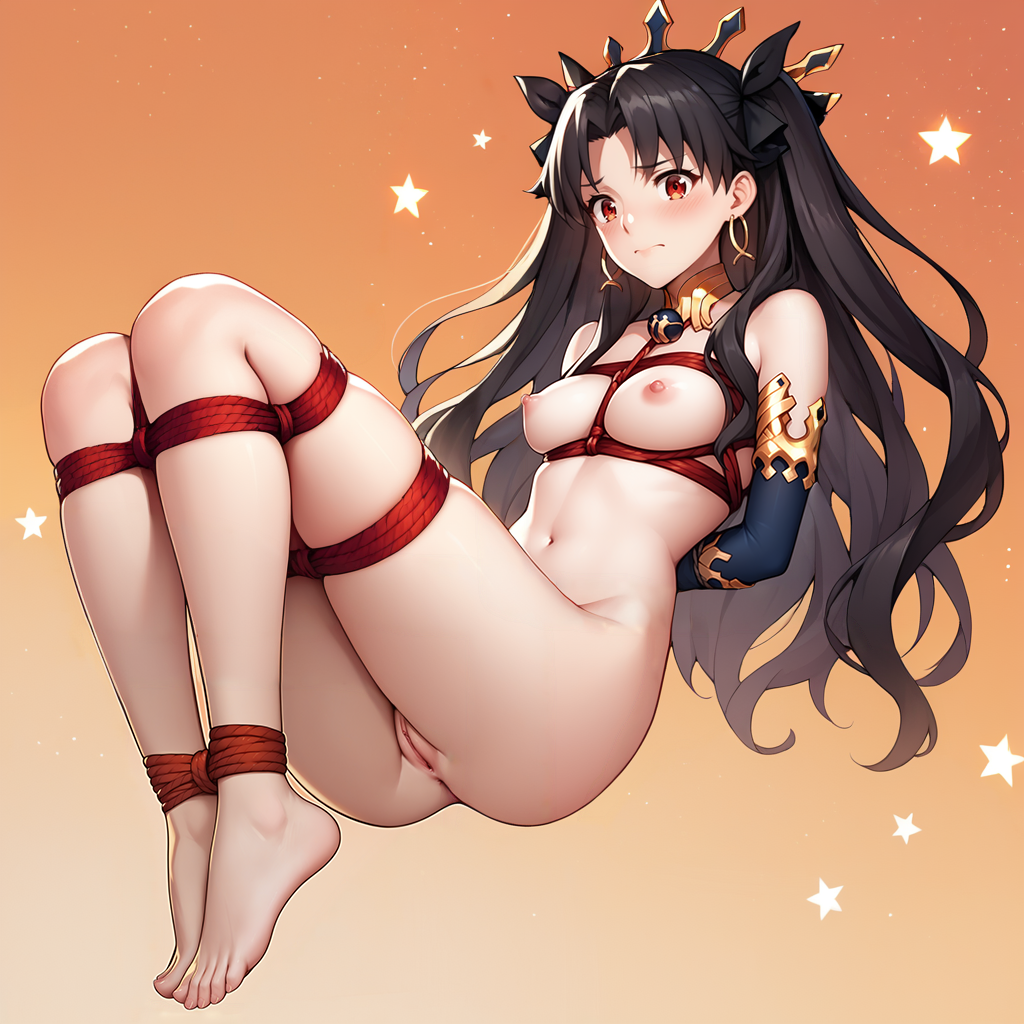 1girls ai_generated armlet arms_behind_back bereft black_hair blush breasts crown earrings embarrassed fate/grand_order fate_(series) feet female female_only foot_fetish ishtar_(fate) jewelry looking_at_viewer naked navel neck_ring nipples orange_background orange_sky parted_bangs pussy red_eyes ribbon single_elbow_glove solo stable_diffusion star starry_sky stars thighs tied_ankles uneven_sleeves