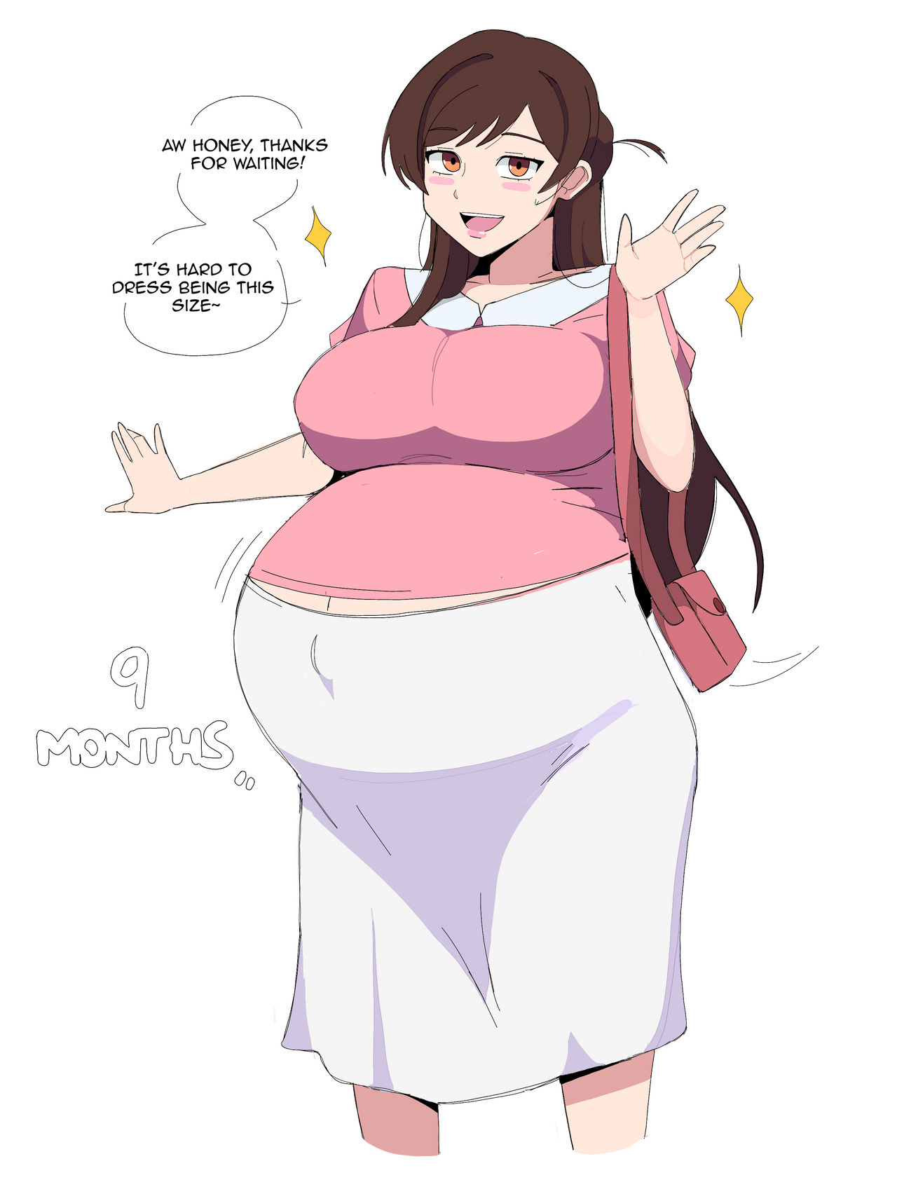 female, female focus, hyper belly, jakejaccobus, kanojo okarishimasu, maternity clothes, mizuhara chizuru, open mouth, pregnant, pregnant female, ready to pop, speech bubble