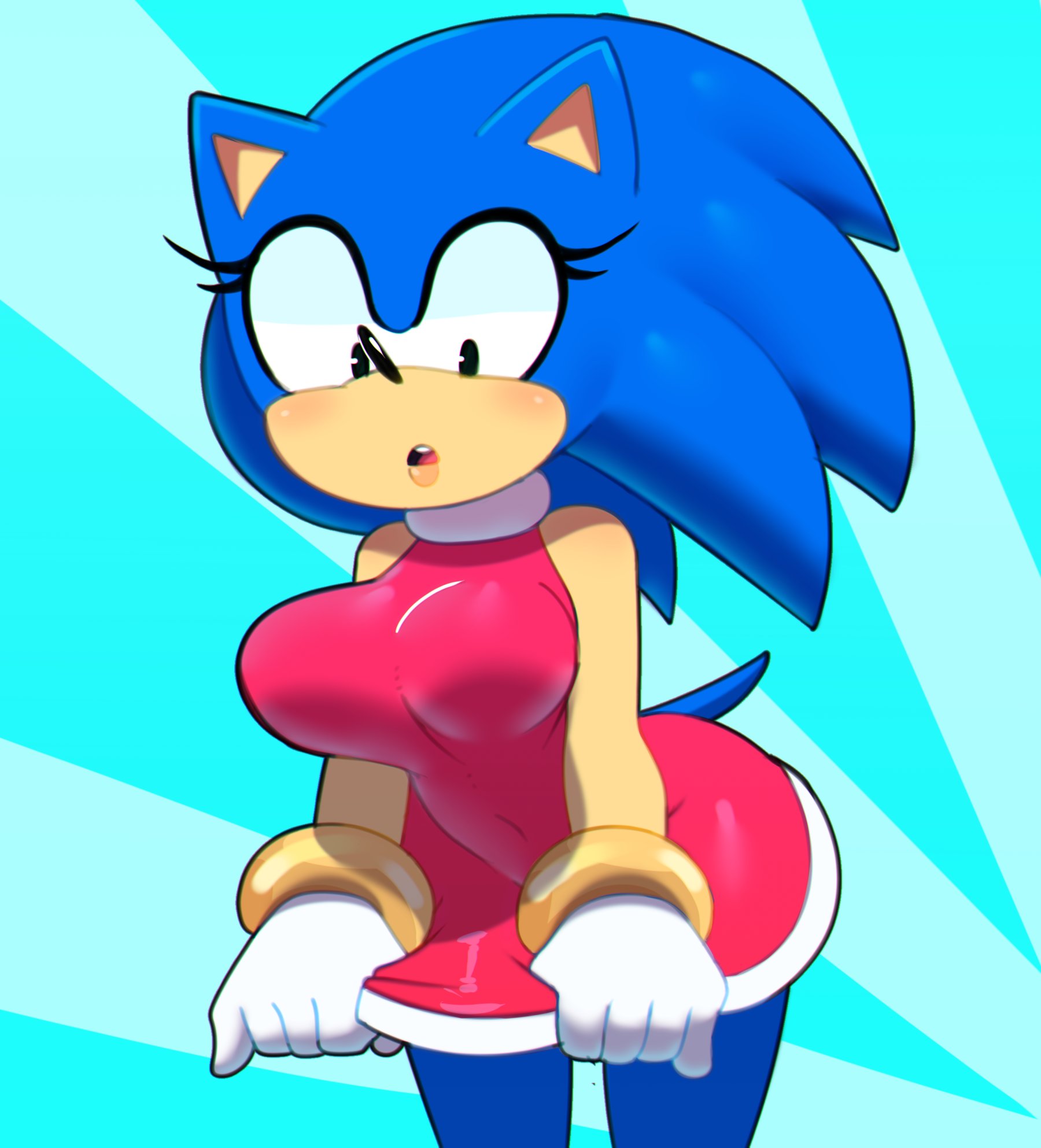 1girls, amy rose (cosplay), anthro, ass, big ass, breasts, clothing, female, female only, genderswap, hedgehog, huge breasts, red dress, rule 63, sega, solo, somescrub, sonic (series), sonic the hedgehog, sonique the hedgehog, tagme