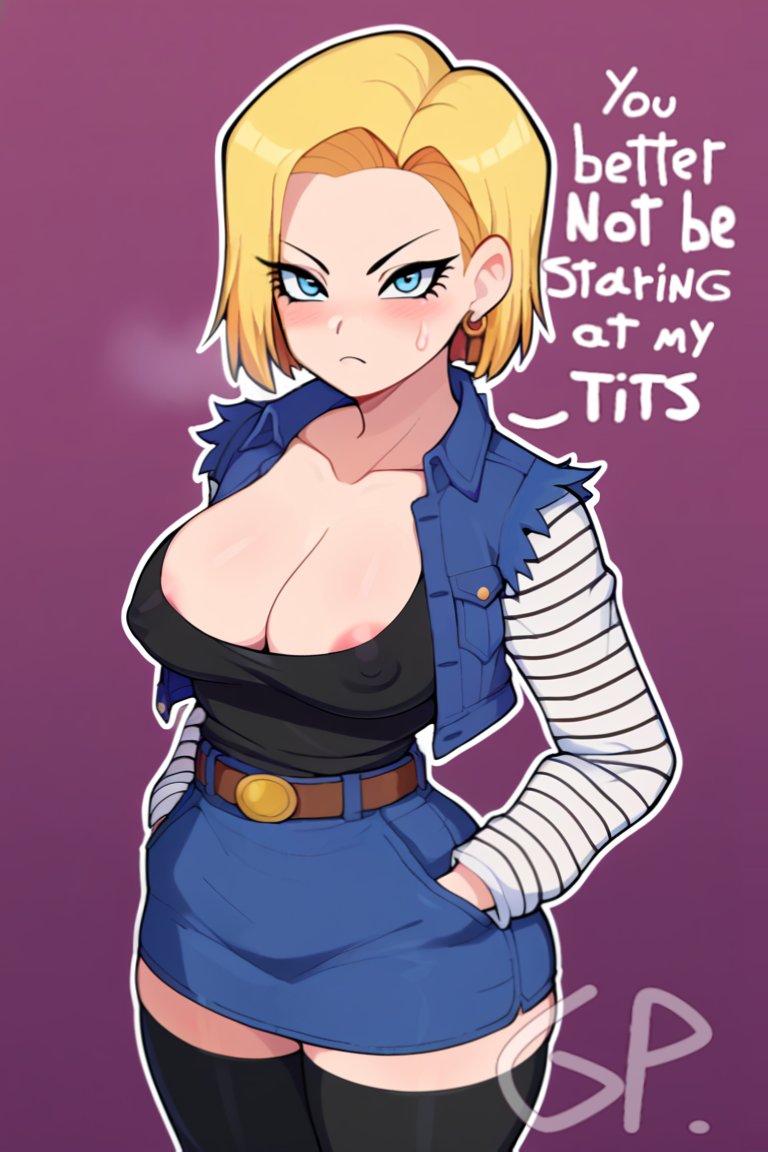 android_18 belt black_legwear black_shirt blonde_hair blue_eyes blue_jacket blue_shorts blush breasts breasts clothed dragon_ball dragon_ball_z embarrassed female female_focus female_only grilled_pepperoni hands_in_pockets humanoid_robot no_bra robot signature simple_background sweatdrop text thick_thighs