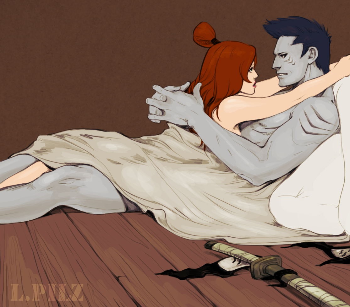1boy, 1girls, bedsheets, blue hair, blue skin, brown hair, embrace, eye contact, female, fishman, forehead-to-forehead, hoshigaki kisame, l.pilz, long hair, looking at partner, male, mei terumi, naruto, naruto (series), naruto shippuden, nude, red hair, shark humanoid, straight