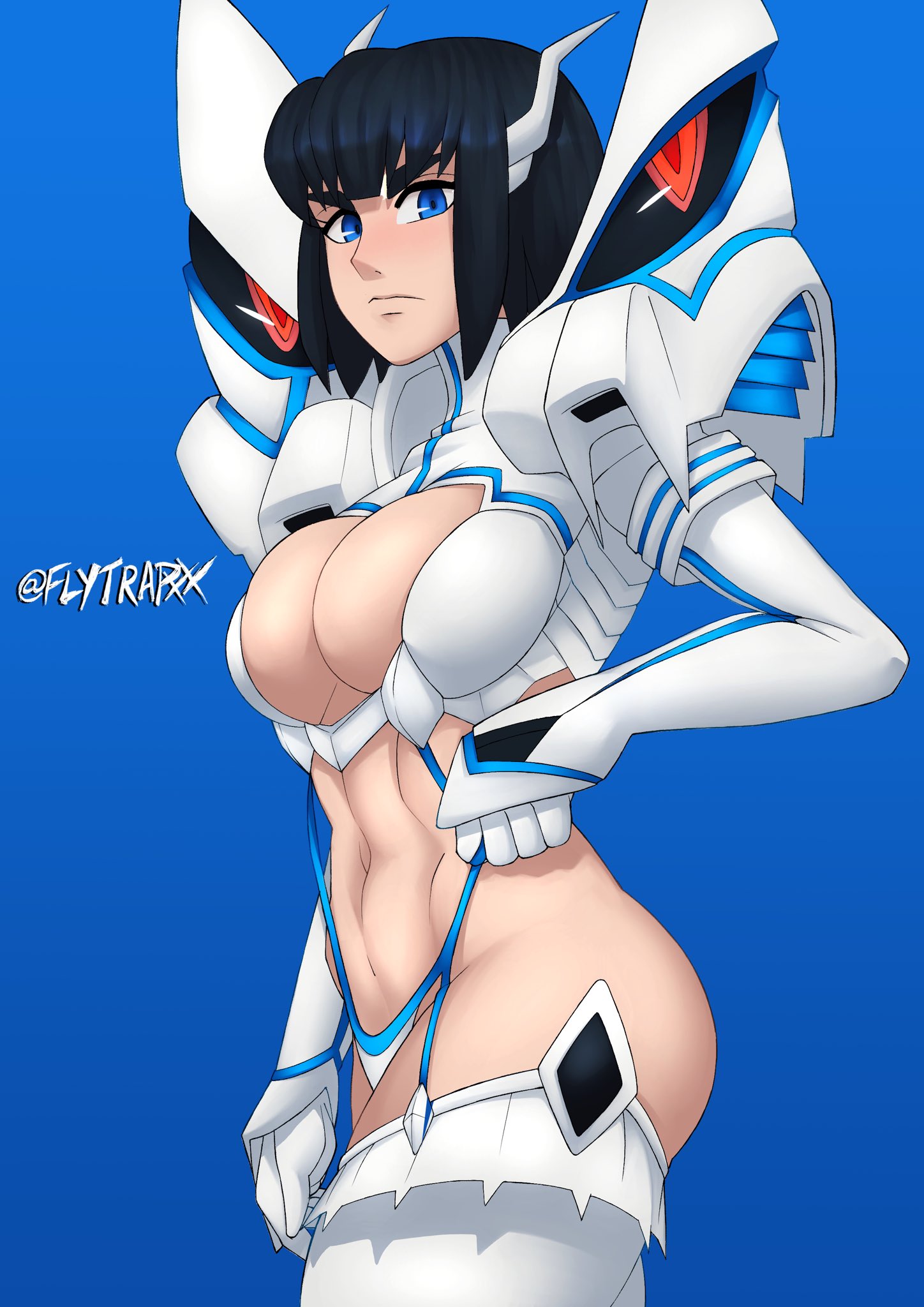 1girls, abs, bangs, black hair, blue background, blue eyes, breasts, cleavage, eye contact, female, female only, flytrapxx, frown, junketsu, kill la kill, kiryuuin satsuki, large breasts, looking at viewer, navel, revealing clothes, short hair, skimpy, solo, thick thighs