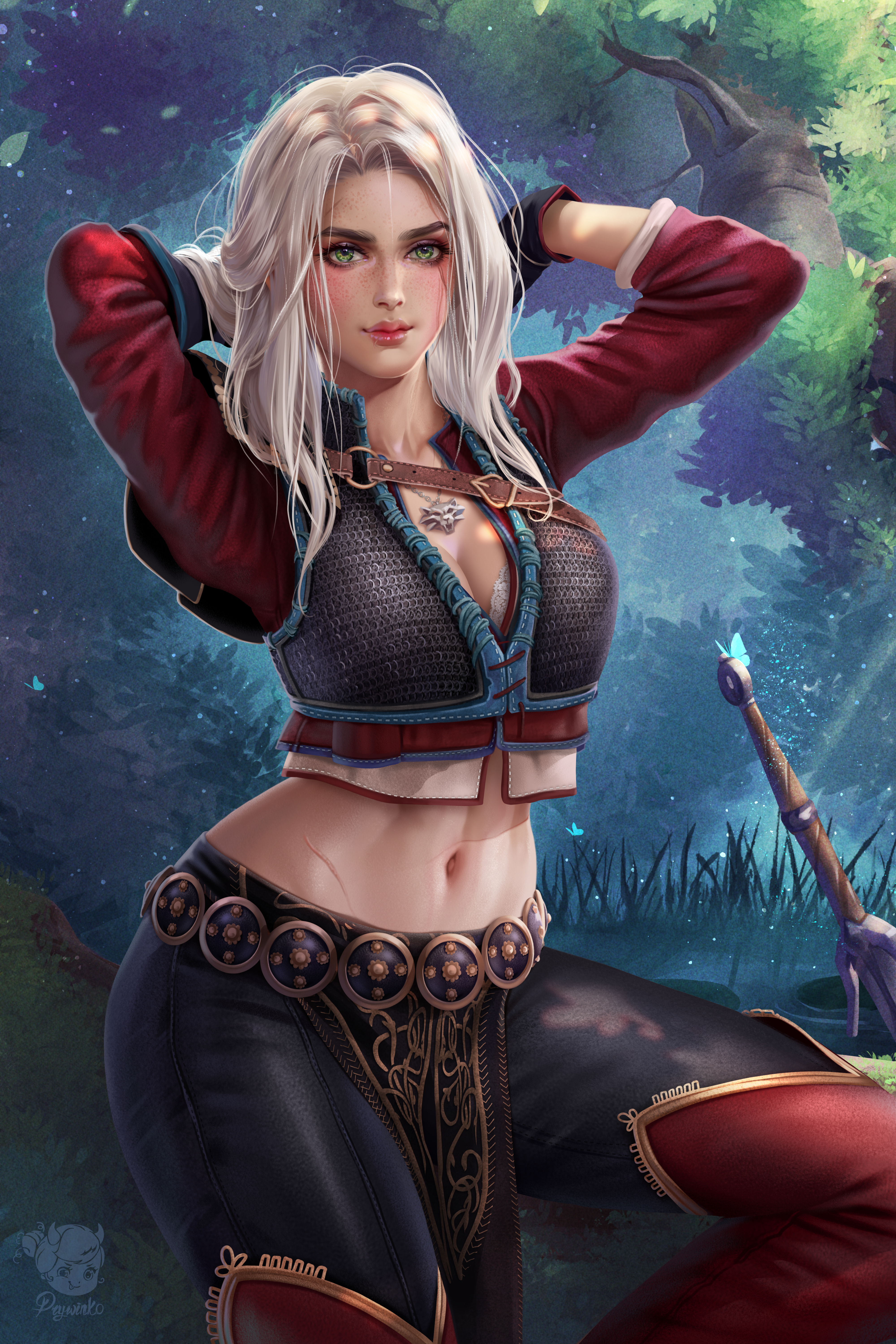 breasts, cd projekt red, chainmail, ciri, cleavage, clothed, clothing, female, freckles, green eyes, looking at viewer, necklace, pants, prywinko, shirt, the witcher (series), the witcher 3: wild hunt, toned, toned female, white hair
