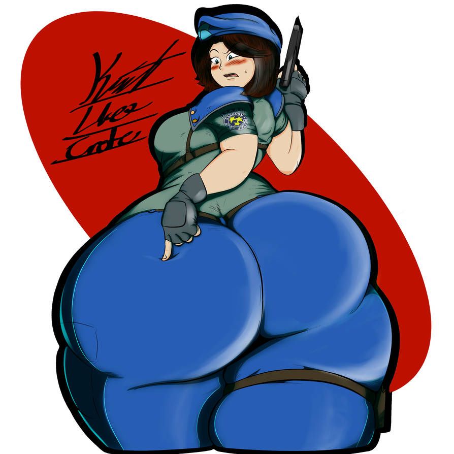1girls, ass, color, demonroyal, female, firearm, gun, hand on weapon, handgun, huge ass, jill valentine, jill valentine (julia voth), looking at viewer, looking back, red, resident evil, tagme, text, weapon, white background