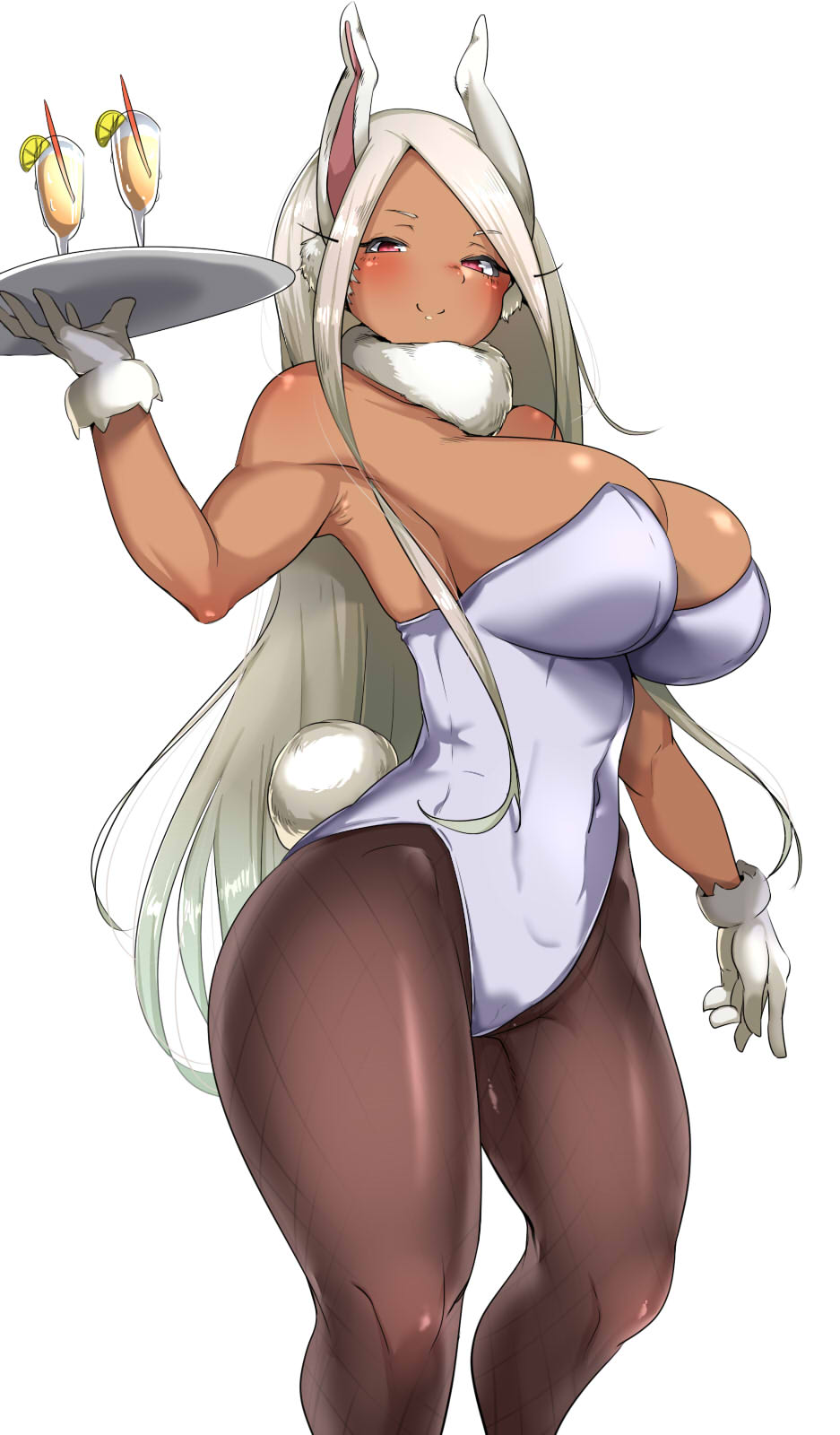 1girls animal_ears black_legwear blush breasts bunny_ears bunny_tail bunnysuit cleavage covered_navel cup dark-skinned_female dark_skin female female_only high_resolution hyuuman long_hair looking_at_viewer miruko my_hero_academia pantyhose purple_eyes rumi_usagiyama simple_background smile solo tail tanned tray very_long_hair white_background