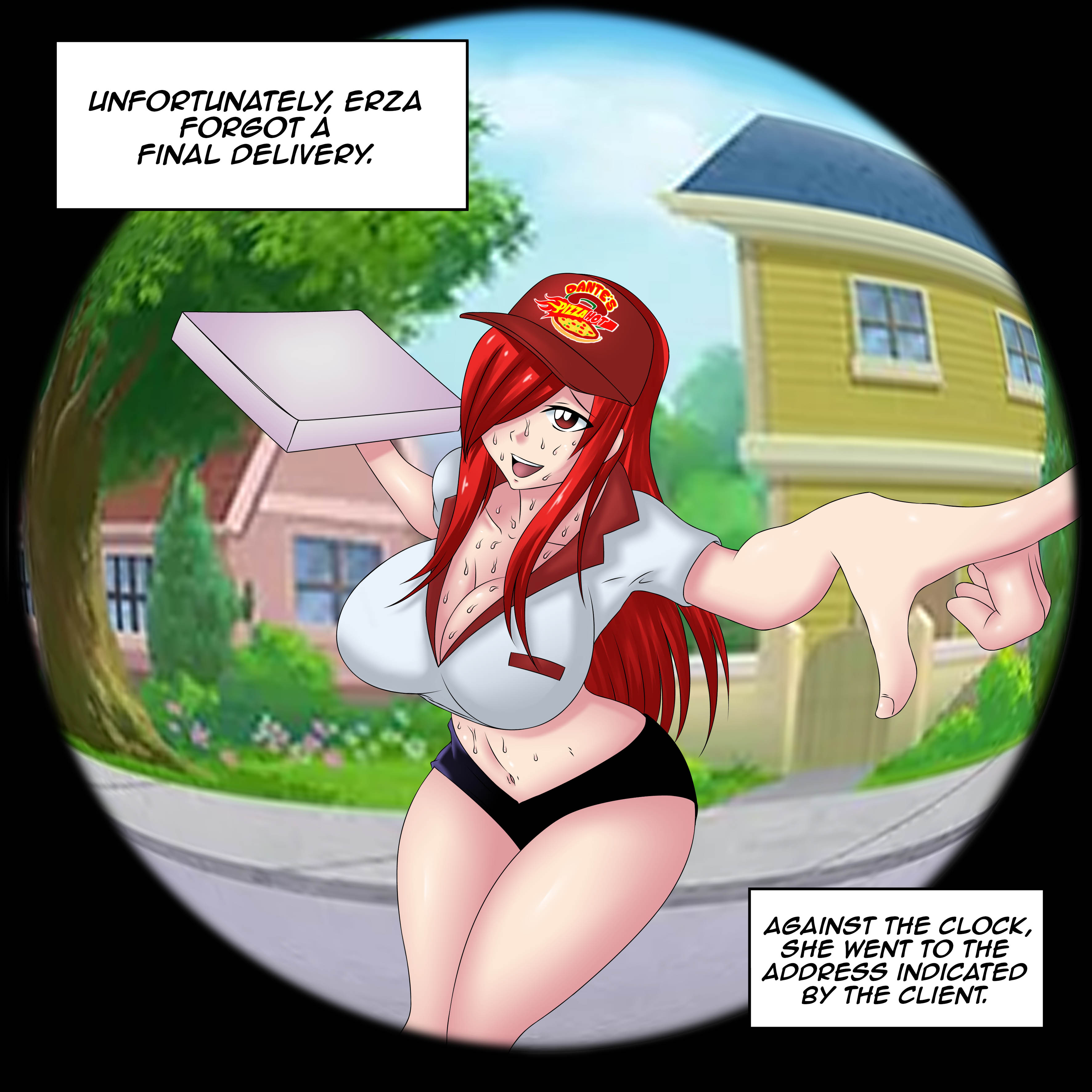1girls, big breasts, bleedor, bleedoranimation, breasts, commission, english text, erza scarlet, fairy tail, female, female only, human, patreon, pizza, pizza delivery, red hair, red-haired female, solo, text