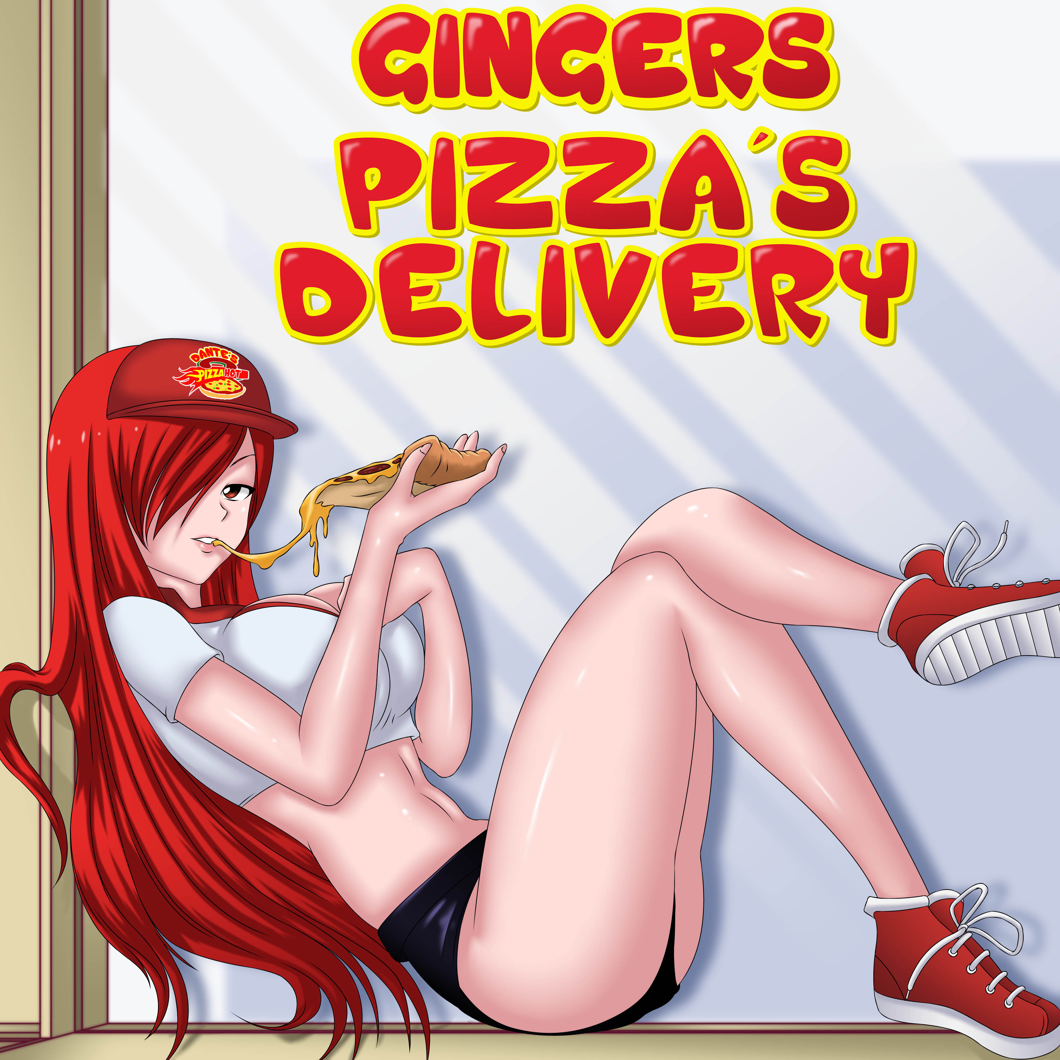 1girls, big breasts, bleedor, bleedoranimation, breasts, commission, english text, erza scarlet, fairy tail, female, female only, human, patreon, pizza, pizza delivery, red hair, solo, text