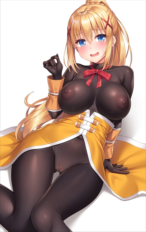 areolae bangs blonde_hair blue_eyes blush bodystocking bodysuit braid breasts breasts_apart cameltoe commentary_request covered_navel covered_nipples darkness_(konosuba) dress female full_bodystocking hair_ornament impossible_bodysuit impossible_clothes kono_subarashii_sekai_ni_shukufuku_wo! lambda_(kusowarota) large_breasts open_mouth ponytail red_ribbon ribbon see-through sidelocks solo sweatdrop white_background